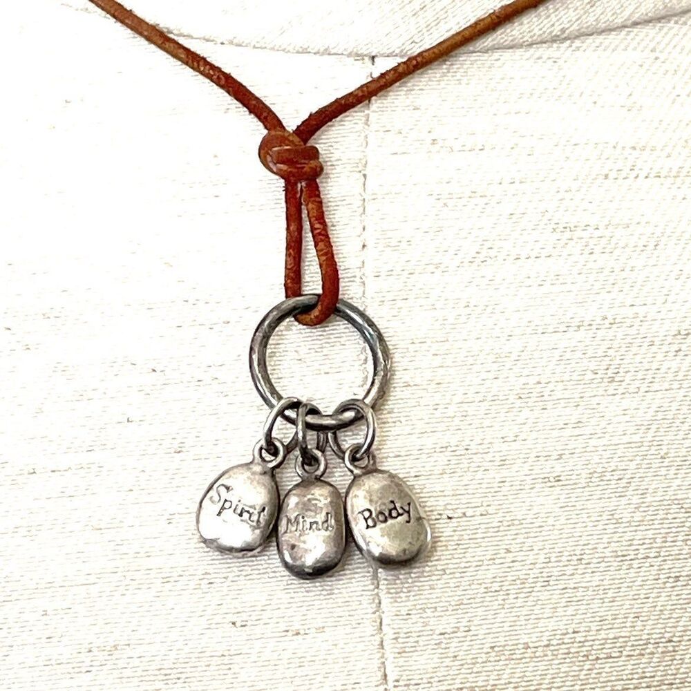 Sterling Silver charm necklace on brown cord - Picture 2 of 5